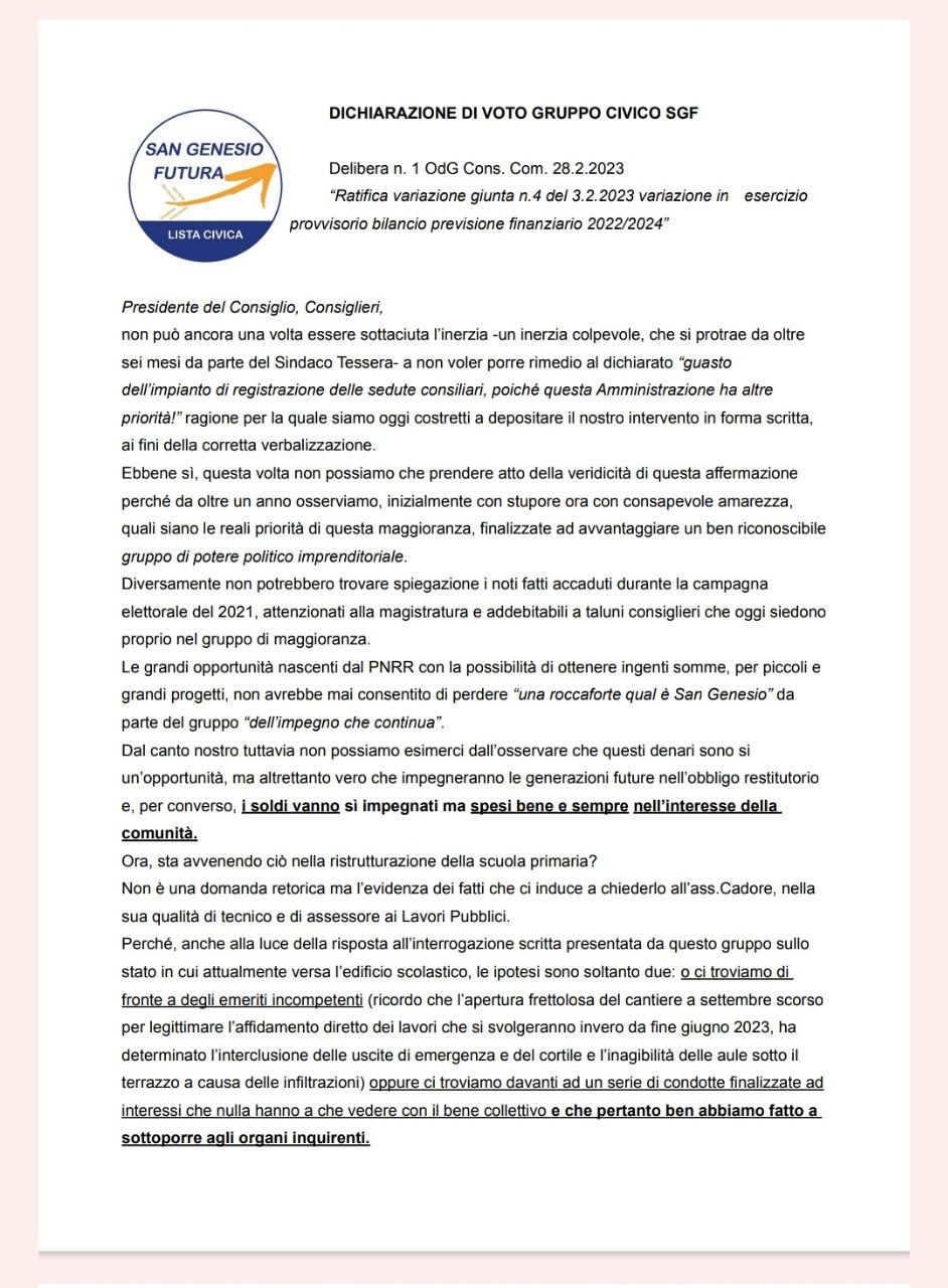 Consiglio Comunale 28.2.23, punto 1: variazione di bilancio per finanziamento progettazione nuova scuola materna (da leggere e ascoltare)